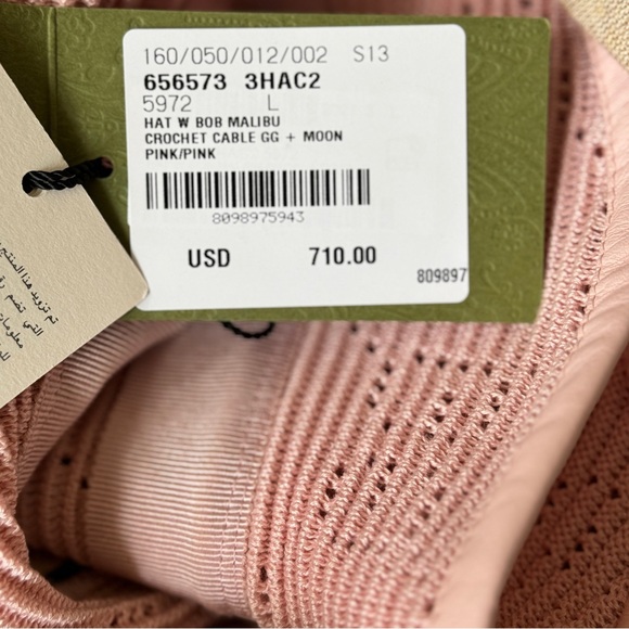NWT~GUCCI~‘Malibu’ Leather-trimmed Crocheted Pink Bucket Hat - Large 58cm - Picture 14 of 14